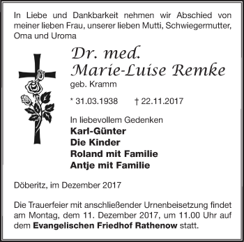 Traueranzeige von Marie-Luise Remke von Märkische Oderzeitung