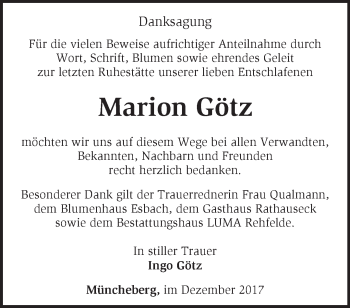 Traueranzeige von Marion Götz von Märkische Oderzeitung