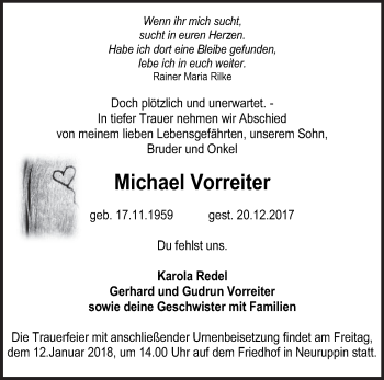 Traueranzeige von Michael Vorreiter von Märkische Oderzeitung