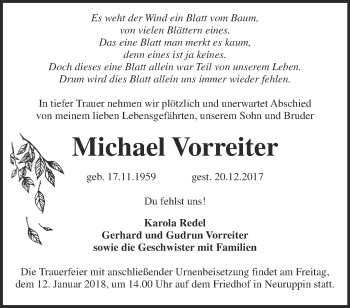 Traueranzeige von Michael Vorreiter von Märkische Oderzeitung