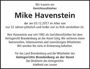 Traueranzeige von Mike Havenstein von Märkische Oderzeitung