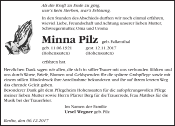 Traueranzeige von Minna Pilz von Märkische Oderzeitung