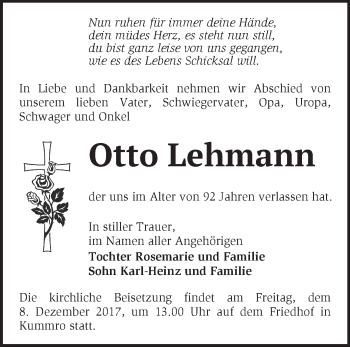 Traueranzeige von Otto Lehmann von Märkische Oderzeitung