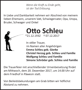 Traueranzeige von Otto Schleu von Märkische Oderzeitung