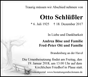 Traueranzeige von Otto Schlüßler von Märkische Oderzeitung