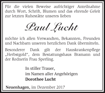 Traueranzeige von Paul Lucht von Märkische Oderzeitung