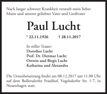 Traueranzeige von Paul Lucht von Märkische Oderzeitung