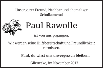 Traueranzeige von Paul Rawolle von Märkische Oderzeitung