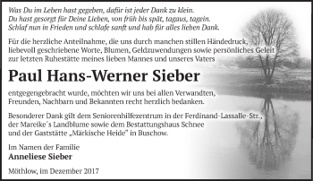 Traueranzeige von Paul Hans-Werner Sieber von Märkische Oderzeitung