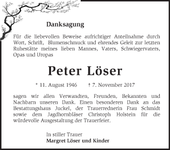 Traueranzeige von Peter Löser von Märkische Oderzeitung