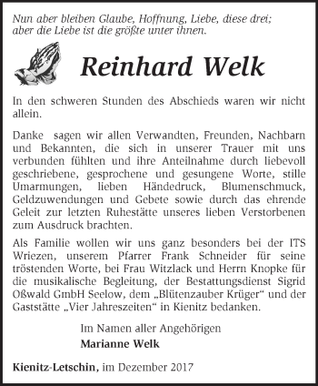 Traueranzeige von Reinhard Welk von Märkische Oderzeitung