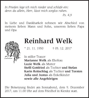 Traueranzeige von Reinhard Welk von Märkische Oderzeitung