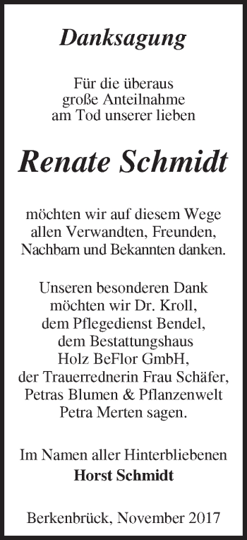 Traueranzeige von Renate Schmidt von Märkische Oderzeitung