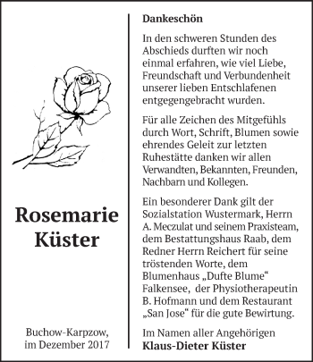 Traueranzeige von Rosemarie Küster von Märkische Oderzeitung