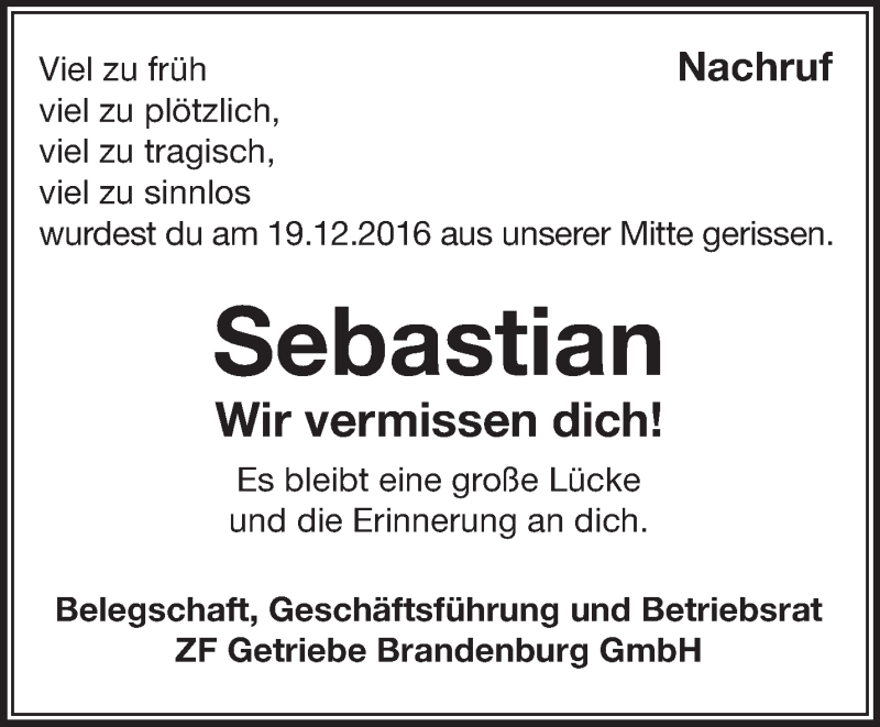  Traueranzeige für Sebastian Berlin vom 17.12.2017 aus Märkische Oderzeitung