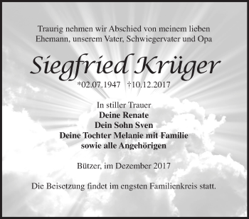 Traueranzeige von Siegfried Krüger von Märkische Oderzeitung