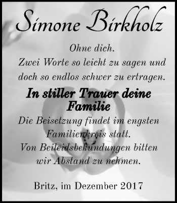 Traueranzeige von Simone Birkholz von Märkische Oderzeitung