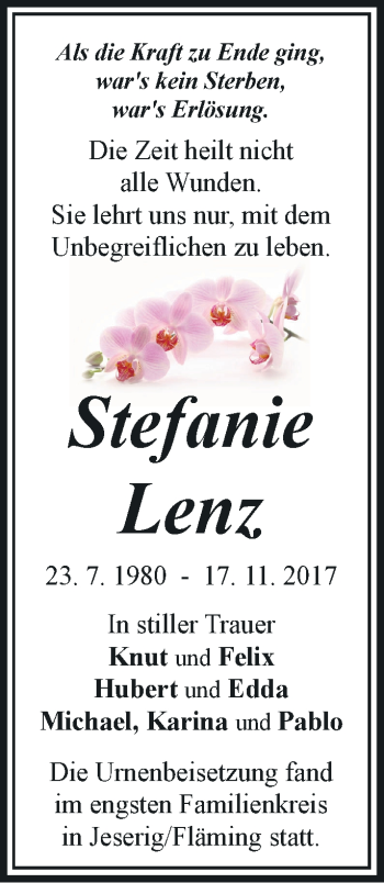 Traueranzeige von Stefanie Lenz von Märkische Oderzeitung