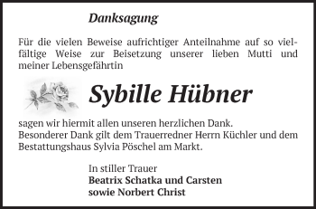 Traueranzeige von Sybille Hübner von Märkische Oderzeitung