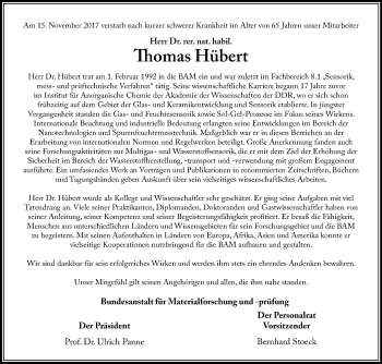 Traueranzeige von Thomas Hübert von Märkische Oderzeitung