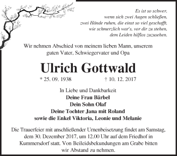 Traueranzeige von Ulrich Gottwald von Märkische Oderzeitung