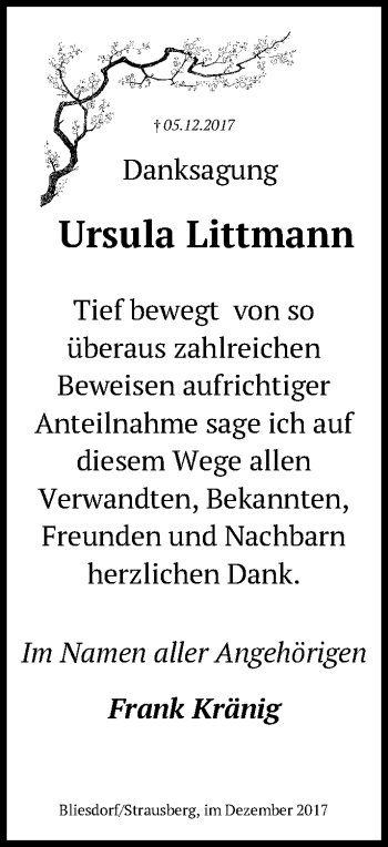 Traueranzeige von Ursula Littmann von Märkische Oderzeitung