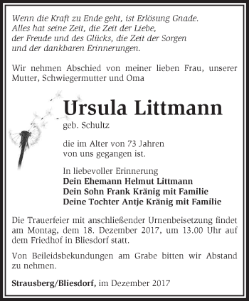 Traueranzeige von Ursula Littmann von Märkische Oderzeitung