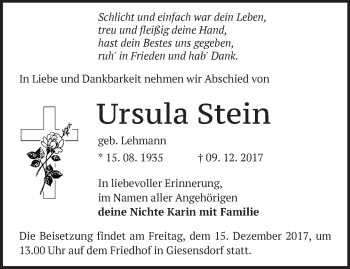 Traueranzeige von Ursula Stein von Märkische Oderzeitung