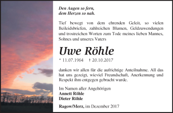 Traueranzeige von Uwe Röhle von Märkische Oderzeitung