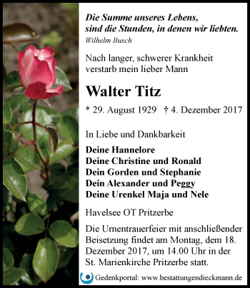 Traueranzeige von Walter Titz von Märkische Oderzeitung