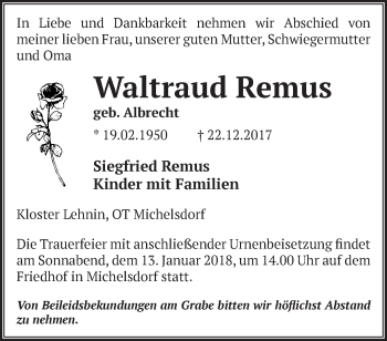 Traueranzeige von Waltraud Remus von Märkische Oderzeitung