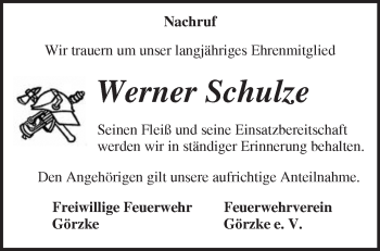 Traueranzeige von Werner Schulze von Märkische Oderzeitung