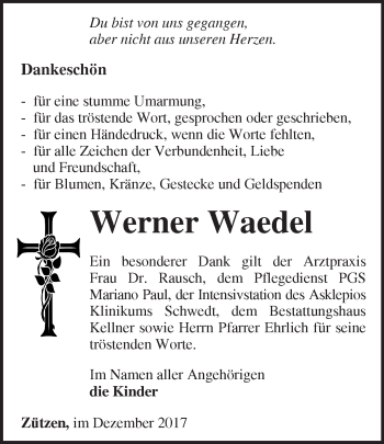 Traueranzeige von Werner Waedel von Märkische Oderzeitung