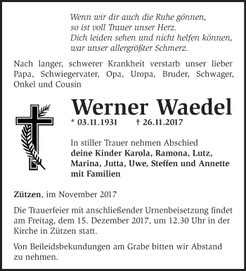 Traueranzeige von Werner Waedel von Märkische Oderzeitung