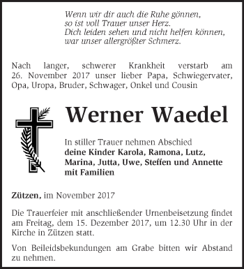 Traueranzeige von Werner Waedel von Märkische Oderzeitung