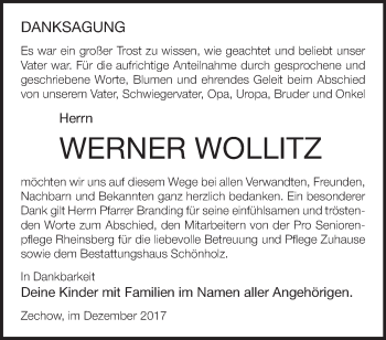 Traueranzeige von Werner Wollitz von Märkische Oderzeitung