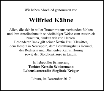 Traueranzeige von Wilfried Kähne von Märkische Oderzeitung