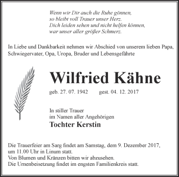 Traueranzeige von Wilfried Kähne von Märkische Oderzeitung