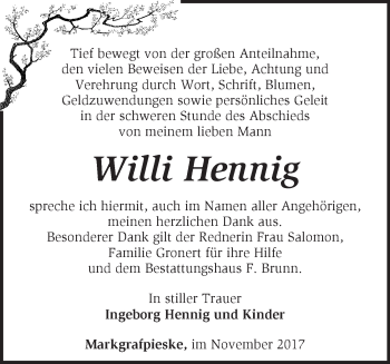 Traueranzeige von Willi Hennig von Märkische Oderzeitung