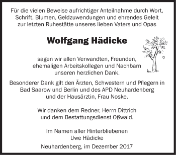 Traueranzeige von Wolfgang Hädicke von Märkische Oderzeitung