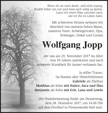 Traueranzeige von Wolfgang Jopp von Märkische Oderzeitung