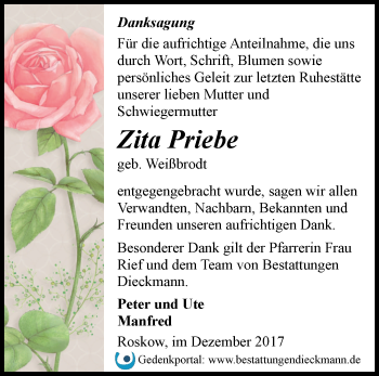 Traueranzeige von Zita Priebe von Märkische Oderzeitung