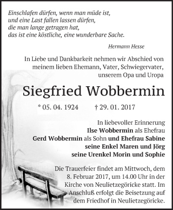 Traueranzeige von Siegfried Wobbermin von Märkische Oderzeitung