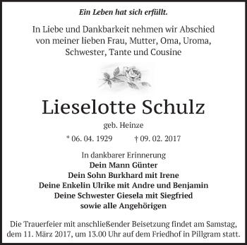 Traueranzeige von Lieselotte Schulz von Märkische Oderzeitung