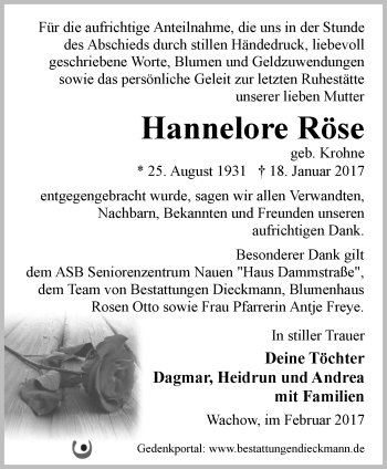 Traueranzeige von Hannelore Röse von Märkische Oderzeitung