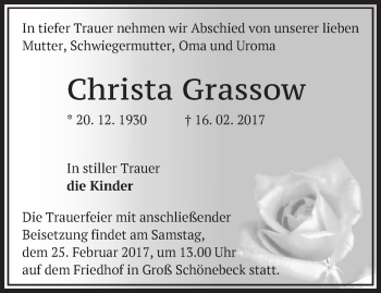 Traueranzeige von Christa Grassow von Märkische Oderzeitung