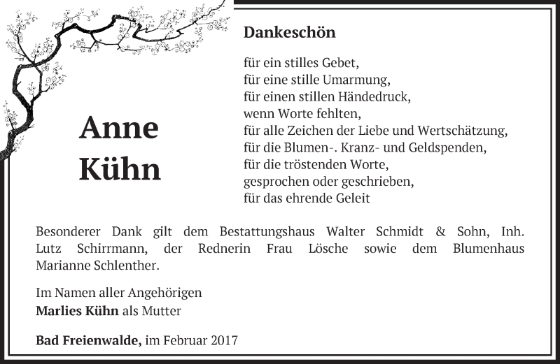  Traueranzeige für Anne Kühn vom 26.02.2017 aus Märkische Oderzeitung