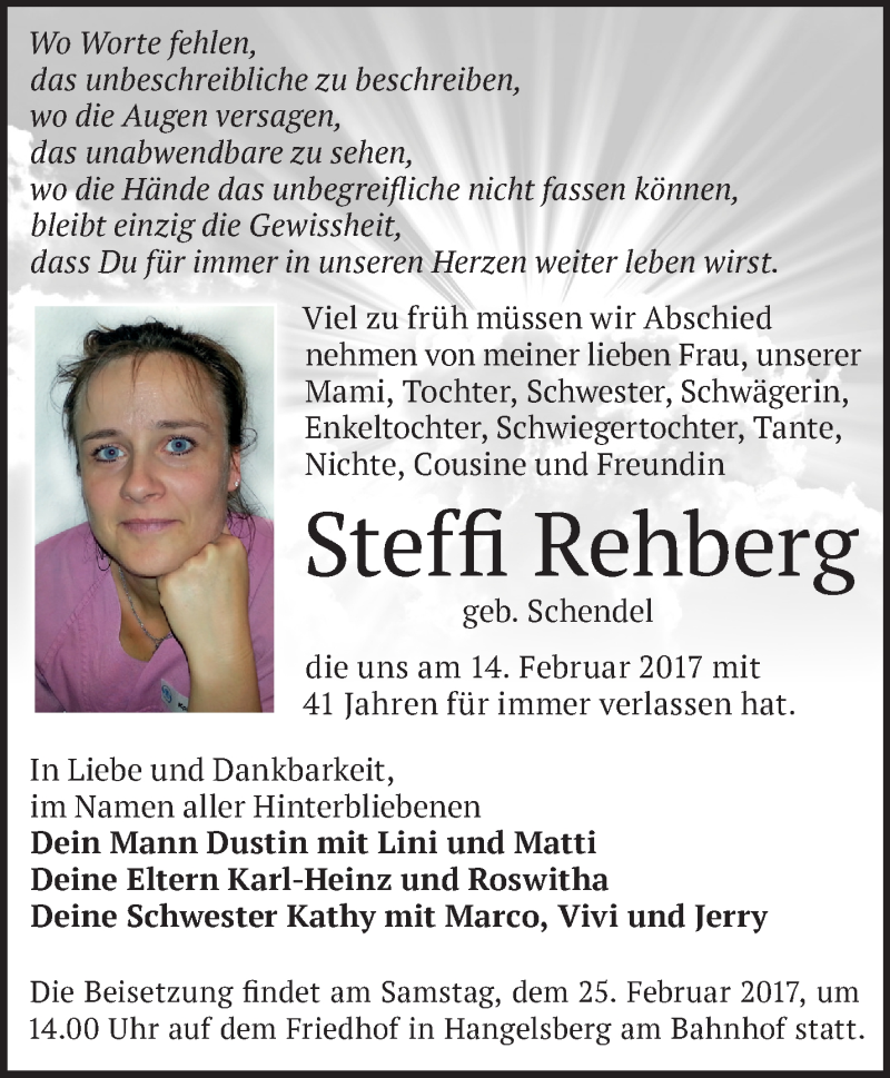  Traueranzeige für Steffi Rehberg vom 18.02.2017 aus Märkische Oderzeitung
