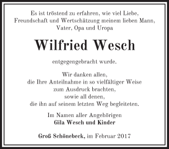 Traueranzeige von Wilfried Wesch von Märkische Oderzeitung