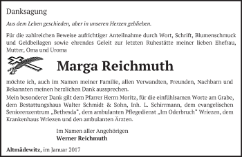 Traueranzeige von Marga Reichmuth von Märkische Oderzeitung